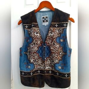 Ropa‎ Denim Vest Leopard Print Embroidered Western Jean Vest Brown Suede L